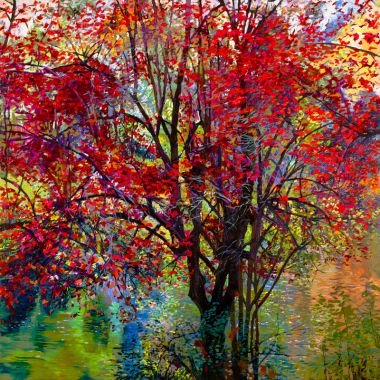 Painting of Large Tree with bright red autumn leaves